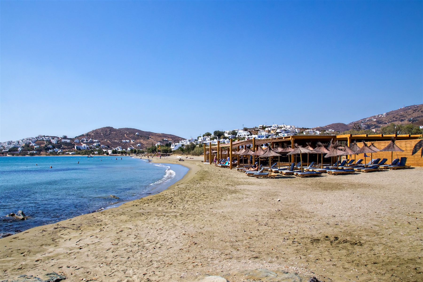 The sandy beach and taverna at Agios Ioannis